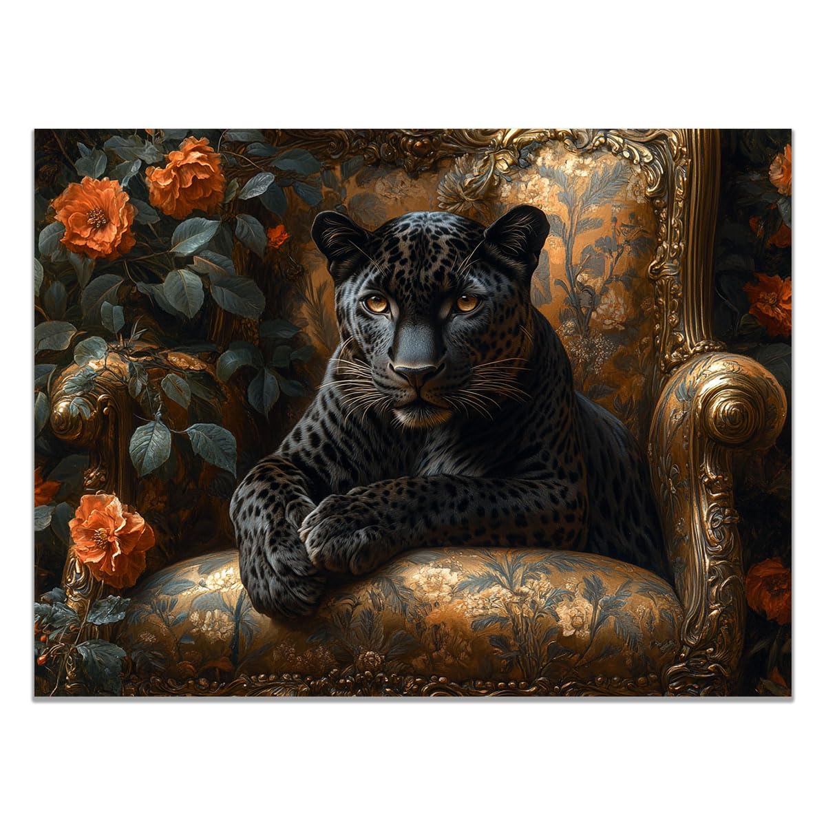 TZKRWRH Cheetah Wall Art Print, Panther Picture Panther And Orange Blooms Mid Century Retro Design, Minimalist Painting Poster Wild Animal Art Bedroom Canvas(Black 87)-70x100cm Unframed