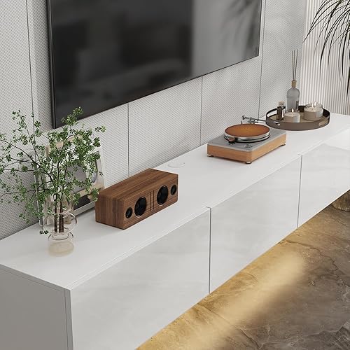 Miniatura 6 de Soporte flotante de TV de 63 pulgadas, consola de TV de alto brillo con luces LED, mesa consola de TV de montaje en pared con 3 cajones de alto