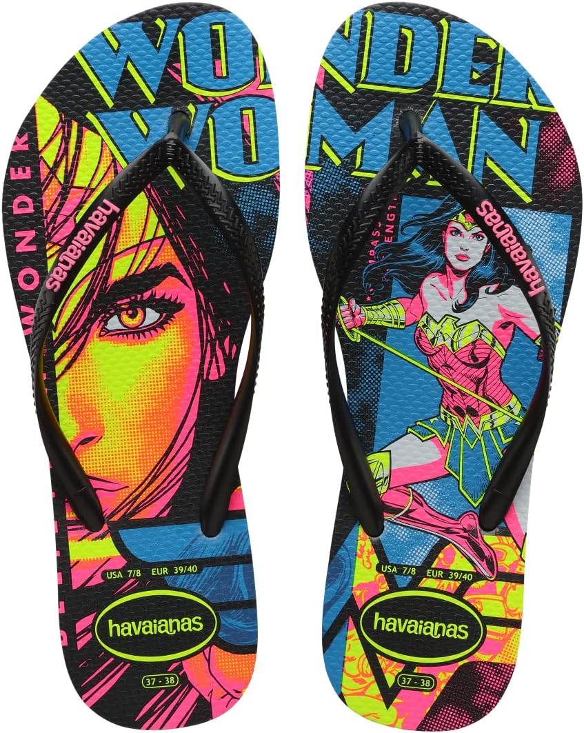 HavaianasWomen Slim Wonder Woman Flip Flops - Women's Character Sandals - Black/Black, 11/12W - 9/10M