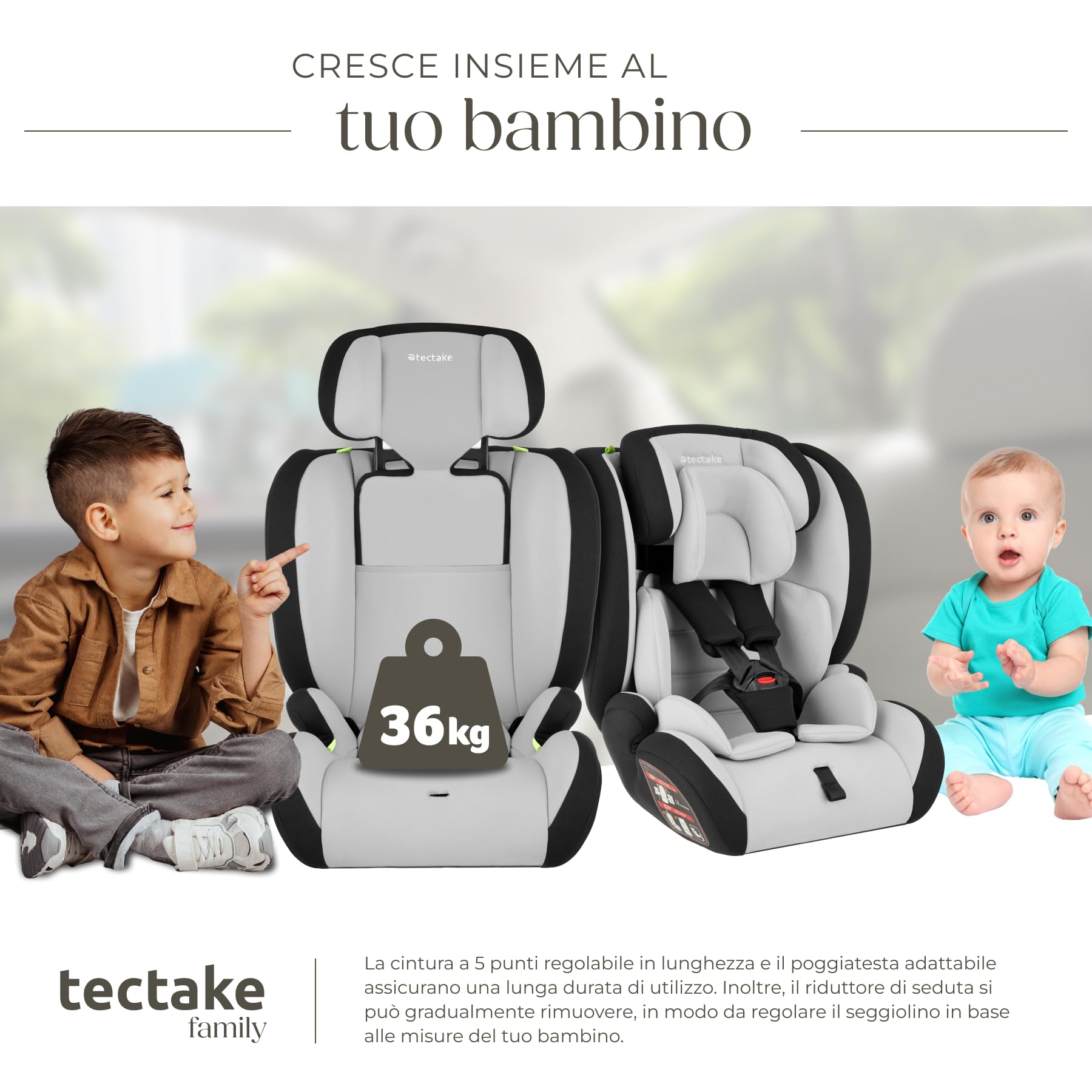 tectake® Seggiolino Auto i-Size con Protezione Impatti Laterali, Poggiatesta Regolabile, Seggiolone Auto Bambino da 15 Mesi a 12 Anni, Omologato ECE R129/03 - Grigio Chiaro/Nero