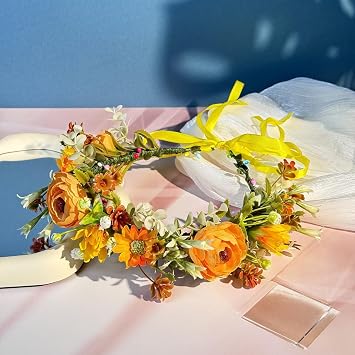 Flower Crown Headband Boho Floral Bridal Headpiece Artificial Flower Hair Garland Wedding Hair Accessories Orange, Medium