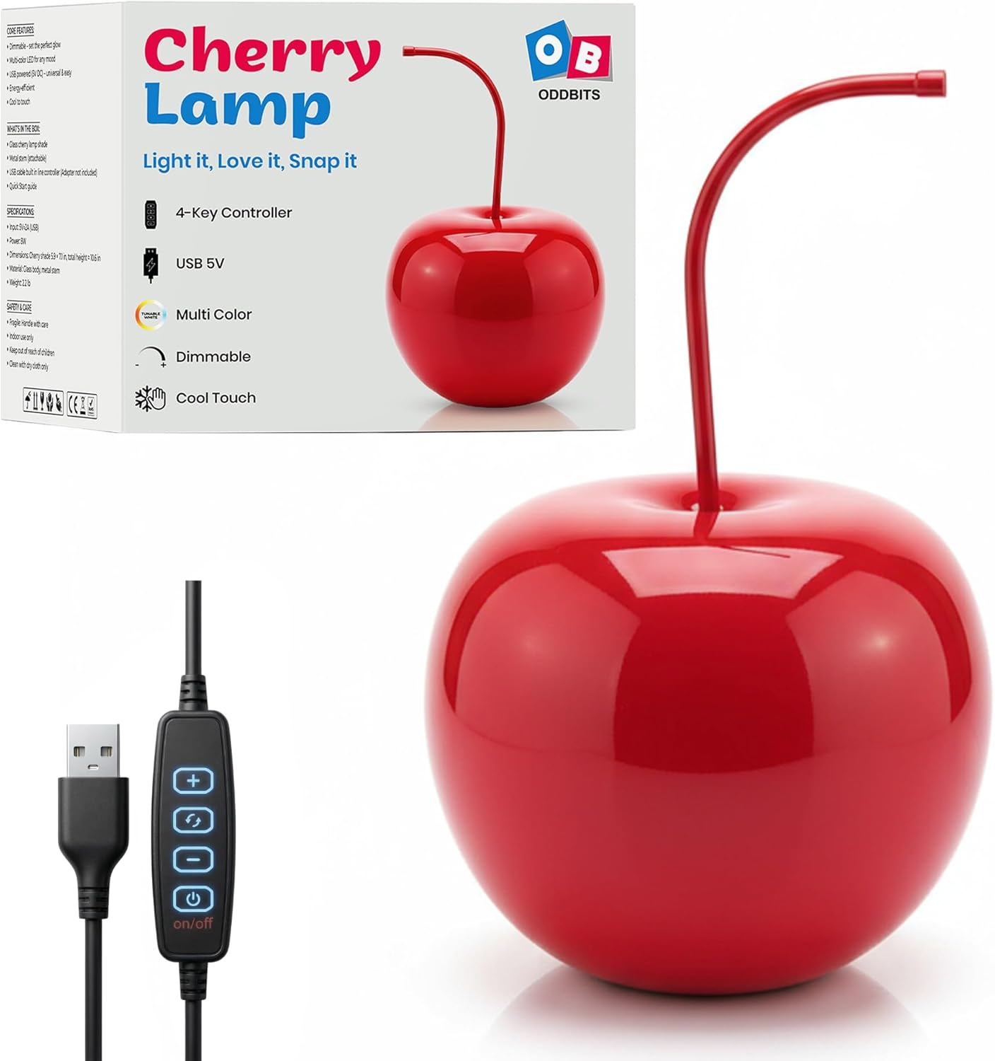 ODDBITS Cherry Lamp for Aesthetic Room Decor - Dimmable Color-Changing Mood Lighting, USB-Powered Night Light, Novelty Desk Lamp & Cute Bedside for Bedroom, Living Room & Teen Girl Room