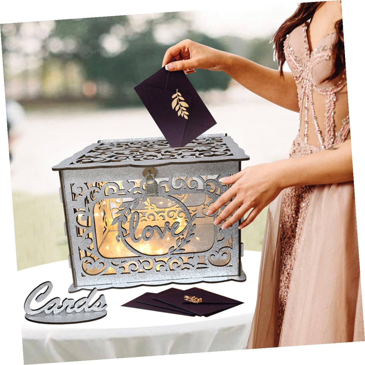 VICASKY Wooden Hollow Card Box with Glitter Portable Wedding Anniversary Greeting Cards Holder for Birthday Party Reception and Graduation Events