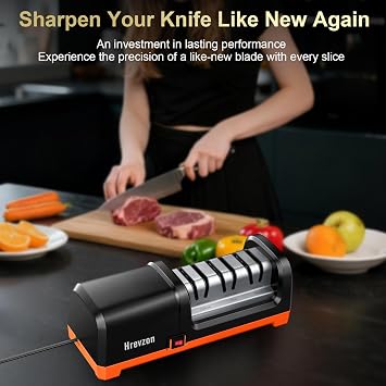Electric Knife Sharpener for Kitchen Knives, 3-Stage Professional Automatic Quickly Sharpening/Polishing System with 100% Diamond Abrasives, 20 Precision Angle, Non-Slip Base, Black/Orange