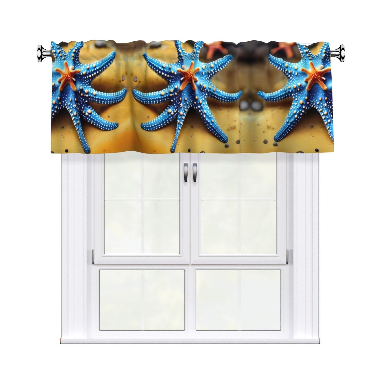 LMNGH Beautiful Starfish Curtain Valance for Windows,Kitchen Window Curtains Blackout Drapes Window Treatments Decorative Rod Pocket Short Curtain for Living Room Bedroom,54" W x 18" L