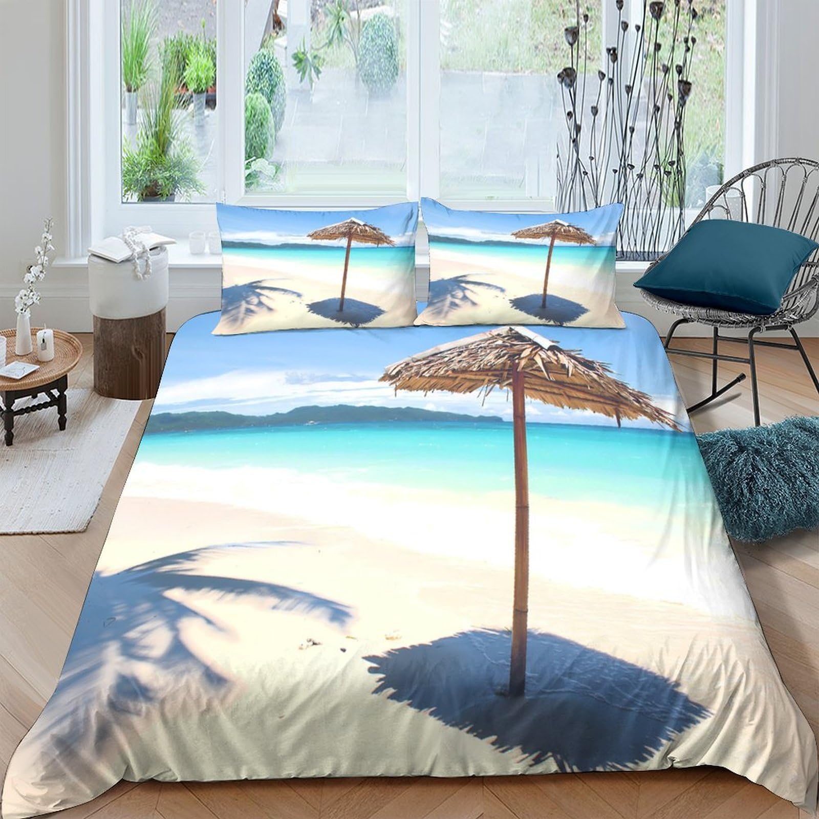P5V6M1Q9 3D Printed Beach Ocean View Duvet Cover Microfiber Soft Breathable Sun Umbrella Bedding Set with 2 Pillowcases for Bedroom Decor 110 Single（135x200cm）
