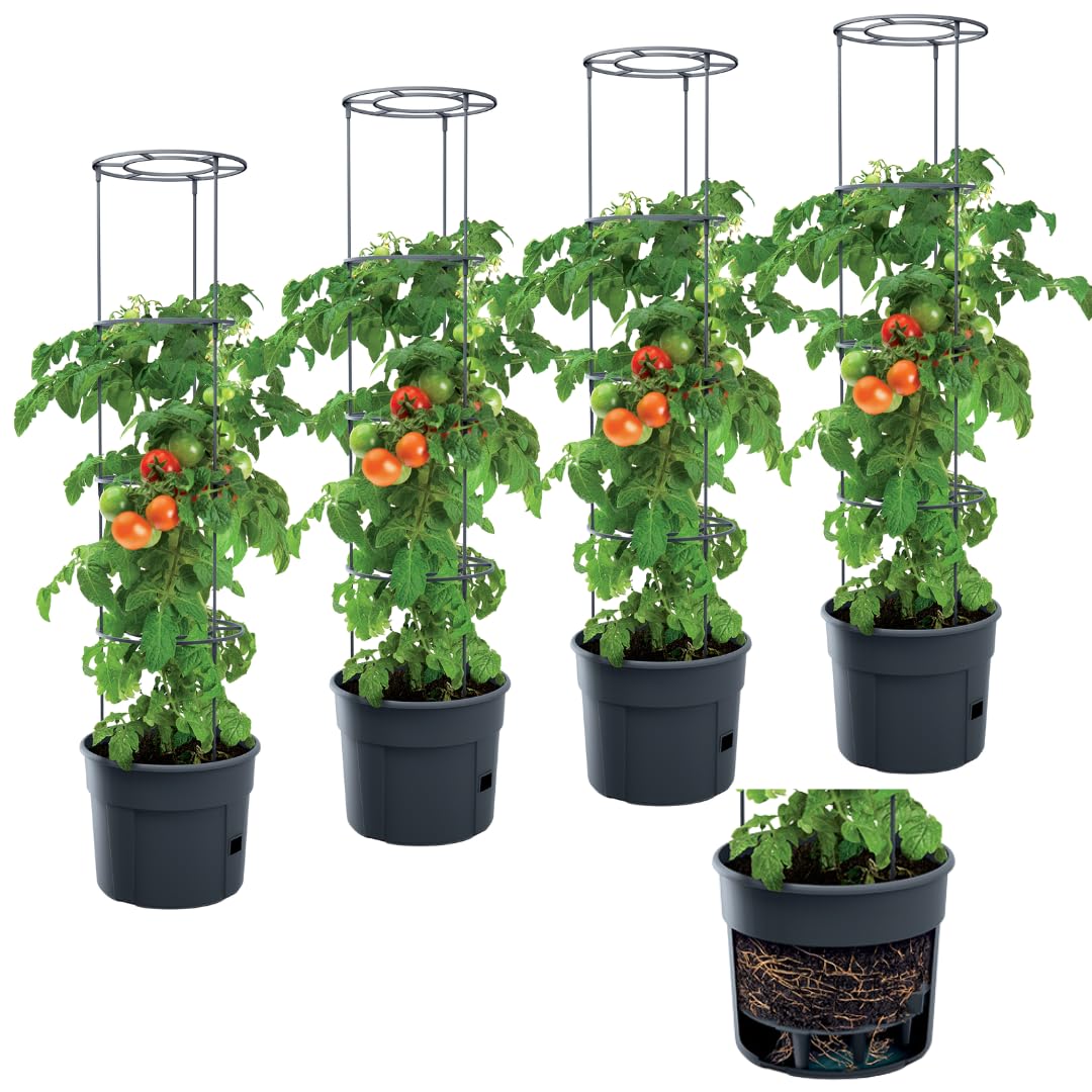 4X Blumentopf Tomatentopf Topf für Tomatenpflanzen 12L Tomatenzüchter Gesamthöhe 115 cm Pflanzen-Aufzucht-Turm mit Rankhilfe Rangitter (4 Stück, Ø 30 cm)