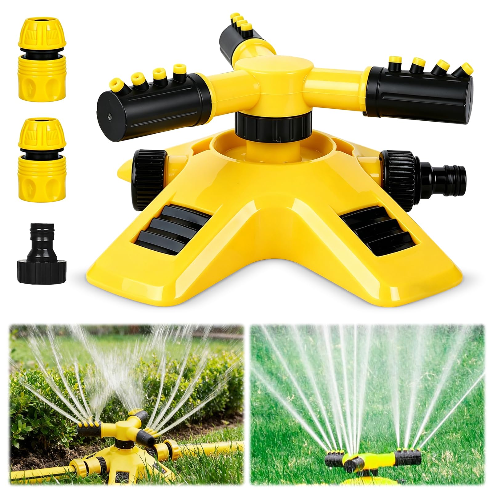 Garden Sprinkler – 360° Rotating 3-Arm Lawn Sprinkler System, Adjustable Automatic Water Sprinkler for Lawns, Plants, Flowers, Veggies & Outdoor Kids Water Play