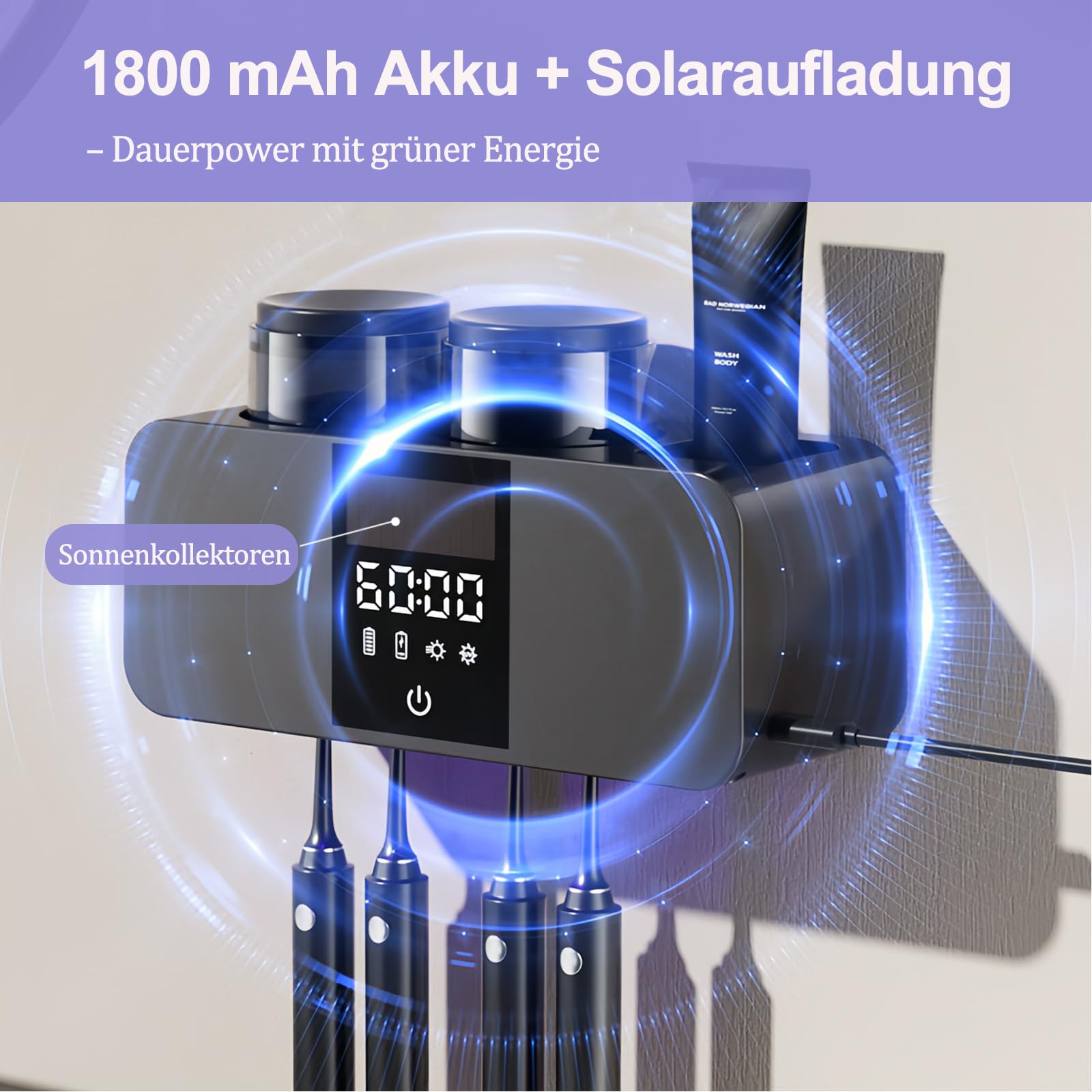 Maxspace Soporte para cepillo de dientes, esterilizador de cepillo de dientes UV con secado, carga solar y función de limpieza automática, soporte para cepillos de dientes de pared, sin taladrar, con
