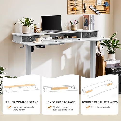 Miniatura 6 de Sweetcrispy Escritorio eléctrico de pie de altura ajustable con cajones, escritorio de pie de 55 x 24 pulgadas, ergonómico para oficina en casa,