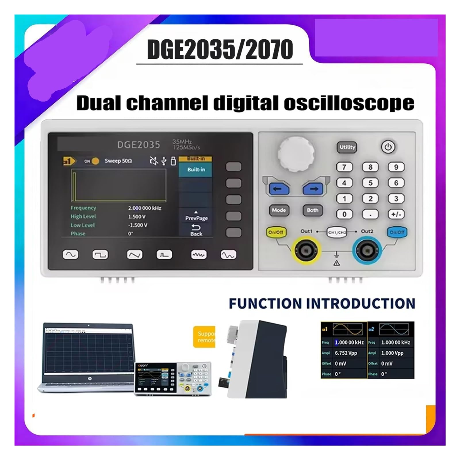 Oscilloscopio Digitale DGE2070 Generatore di Forme d'onda a Doppio Canale, 70 MHz 300 MSa/s Funzione arbitraria a 14 Bit(DGE2035)