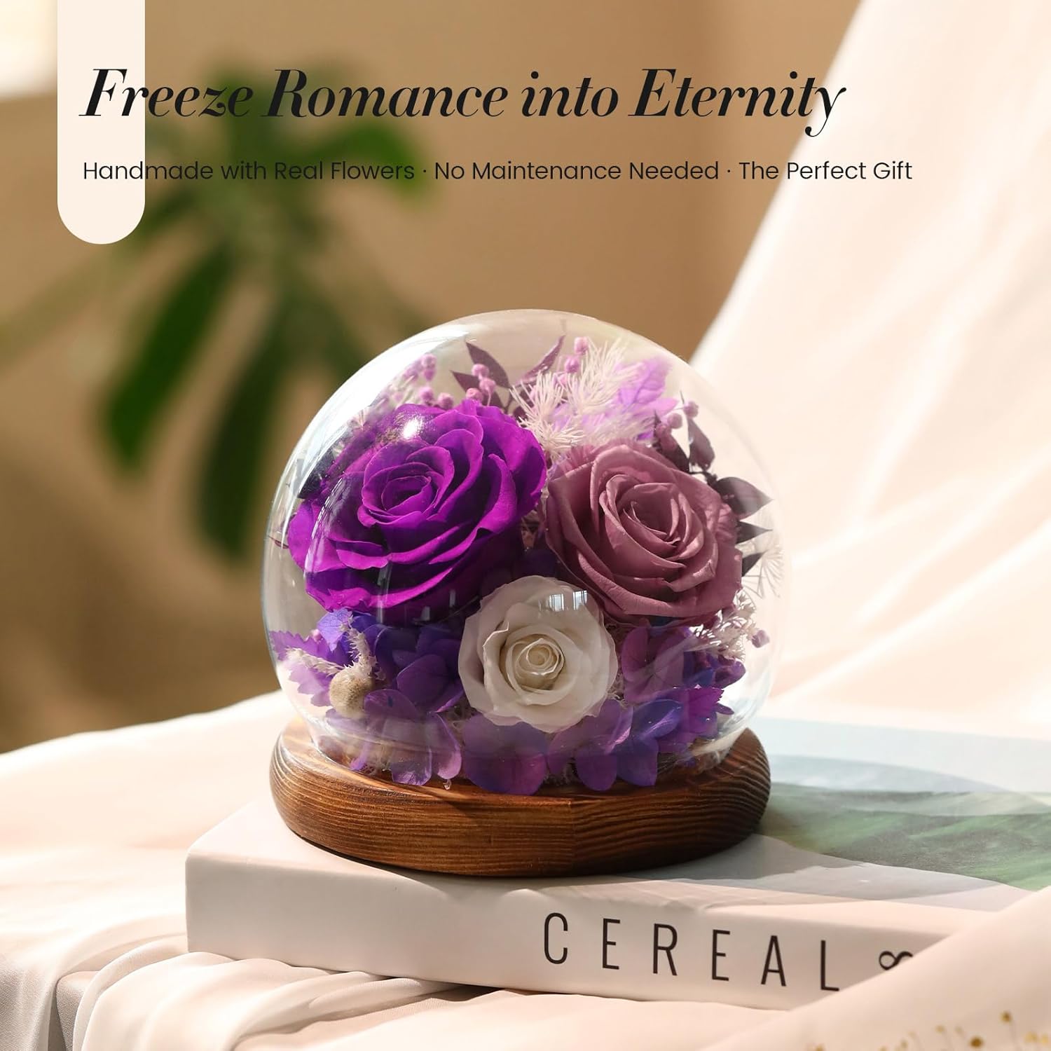 Valentines Day Flowers Gifts for Women,Forever Real Preserved Roses in Glass Dome,Valentines Roses Gifts for Her Wife Girlfriend Women Best Friend/Purple - Image 2