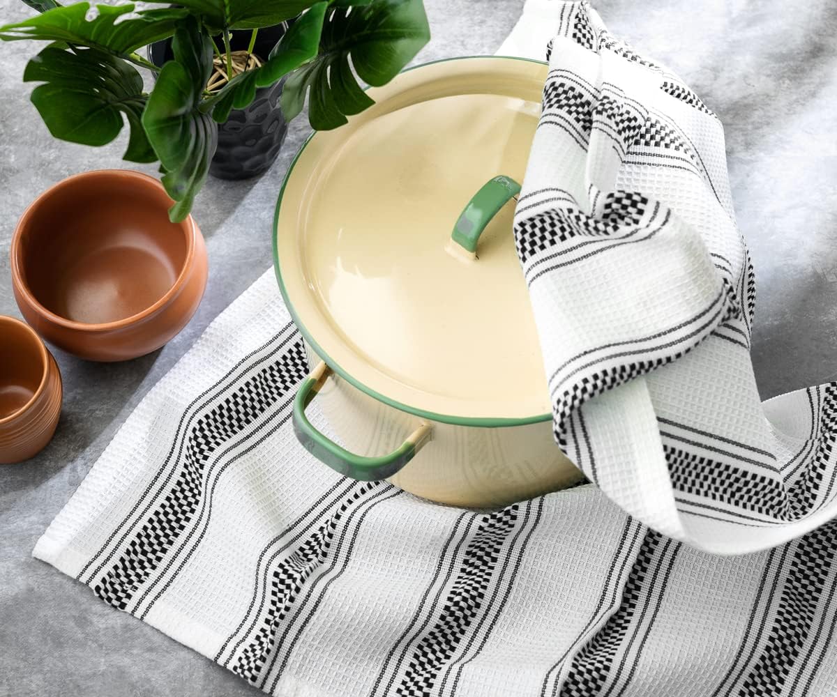 Black Kitchen Towels Set of 6, 100% Cotton Dish Towels, Striped Hand Towel, French Dish Cloths for Washing Dishes, Farmhouse Tea Towels, Absorbent Dish Towel with Hanging Loop, 18 x 28 [Black/White]
