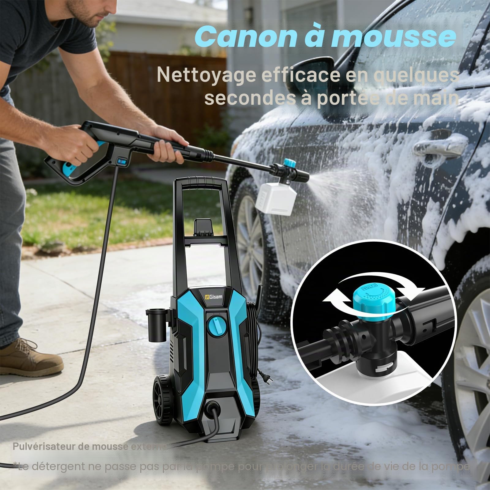 Gisam 2200W Nettoyeur Haute Pression, avec Enrouleur De Tuyau De 8m, Max 180bar,DéBit 480l/H,avec Bouteille De Savon Buse à Mousse, Pistolet Haute Pression pour, Voitures/ClôTures/Jardin