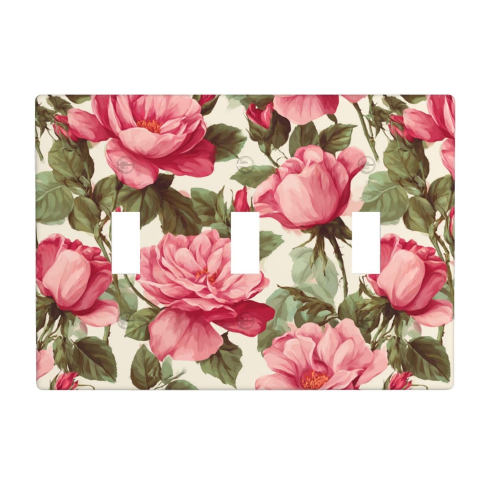 Woshuwo White Vintage Pink Roses Bouquets Floral Light Switch Covers 3 Gang Triple Toggle Wall Plate Switchplate Electrical Faceplate For Bathroom Kitchen Bedroom Decor