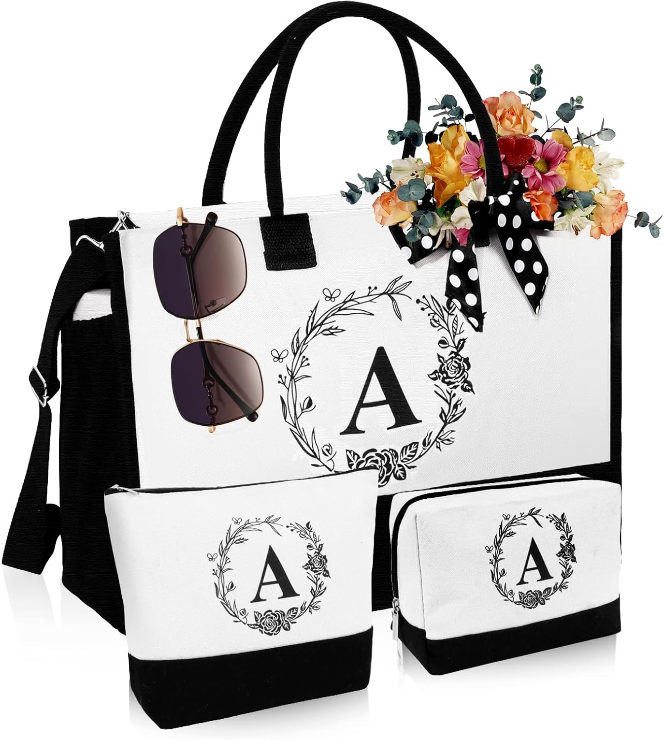 Initial Canvas Tote Bag, Birthday Gifts for Women, Monogrammed Beach Tote Bag for Mom Daughter Sister