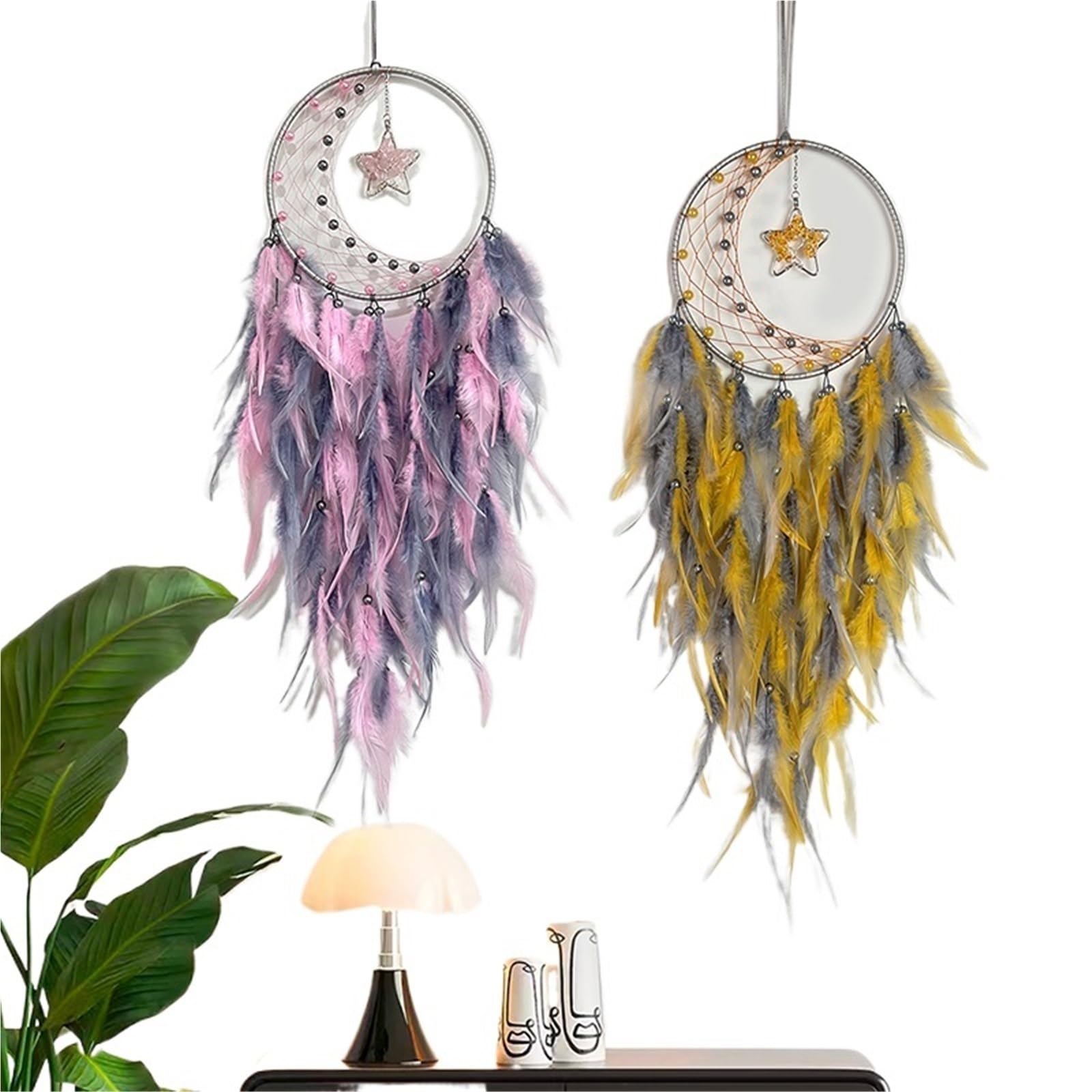 Atrapasueños de 2 uds., Adornos Colgantes for el salón, carillón Viento Plumas Hecho a Mano, Colgante Pared, Decoraciones for hogar para Expositor(Orange Pink)