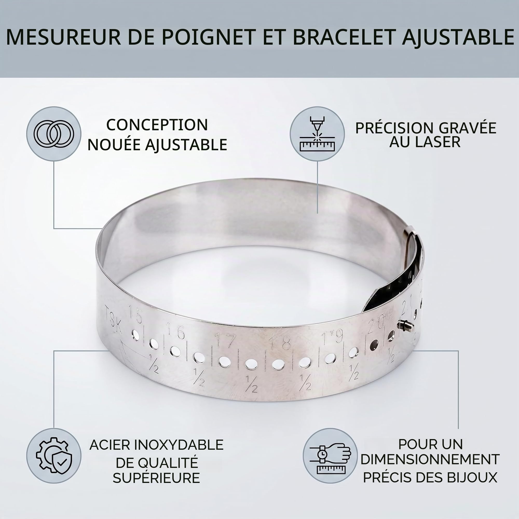 HEEPDD Bracelet jauge, Outil réglable de Mesure de Taille de Poignet en Acier Inoxydable pour Bijoux Bracelets et Accessoires for Femmes Hommes bijoutiers créateurs jo