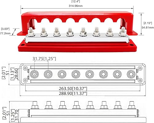Miniatura 8 de Barra de bus de 600 A, bloque de distribución de energía resistente, caja de barra colectora de 48 V CC con 8 pernos de terminal M10 (38 pulgadas)