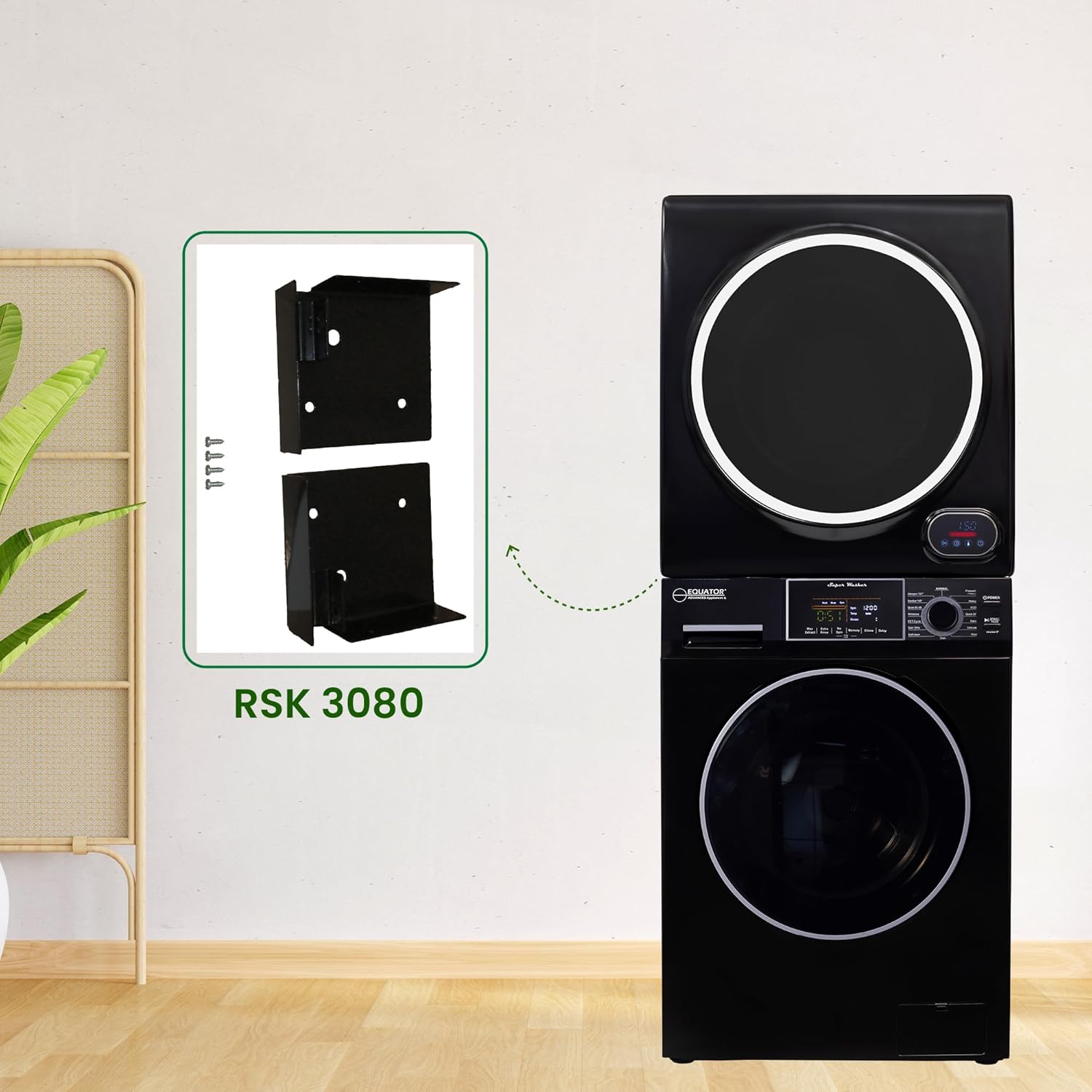 Image showing the RSK 3080 stacking kit components next to a stacked washer and dryer unit.