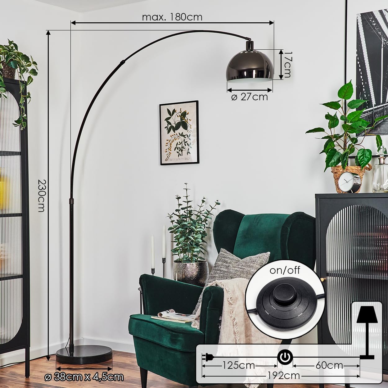 Diagram showing the dimensions of the Hofstein Baloca Floor Lamp and a close-up of the foot switch.