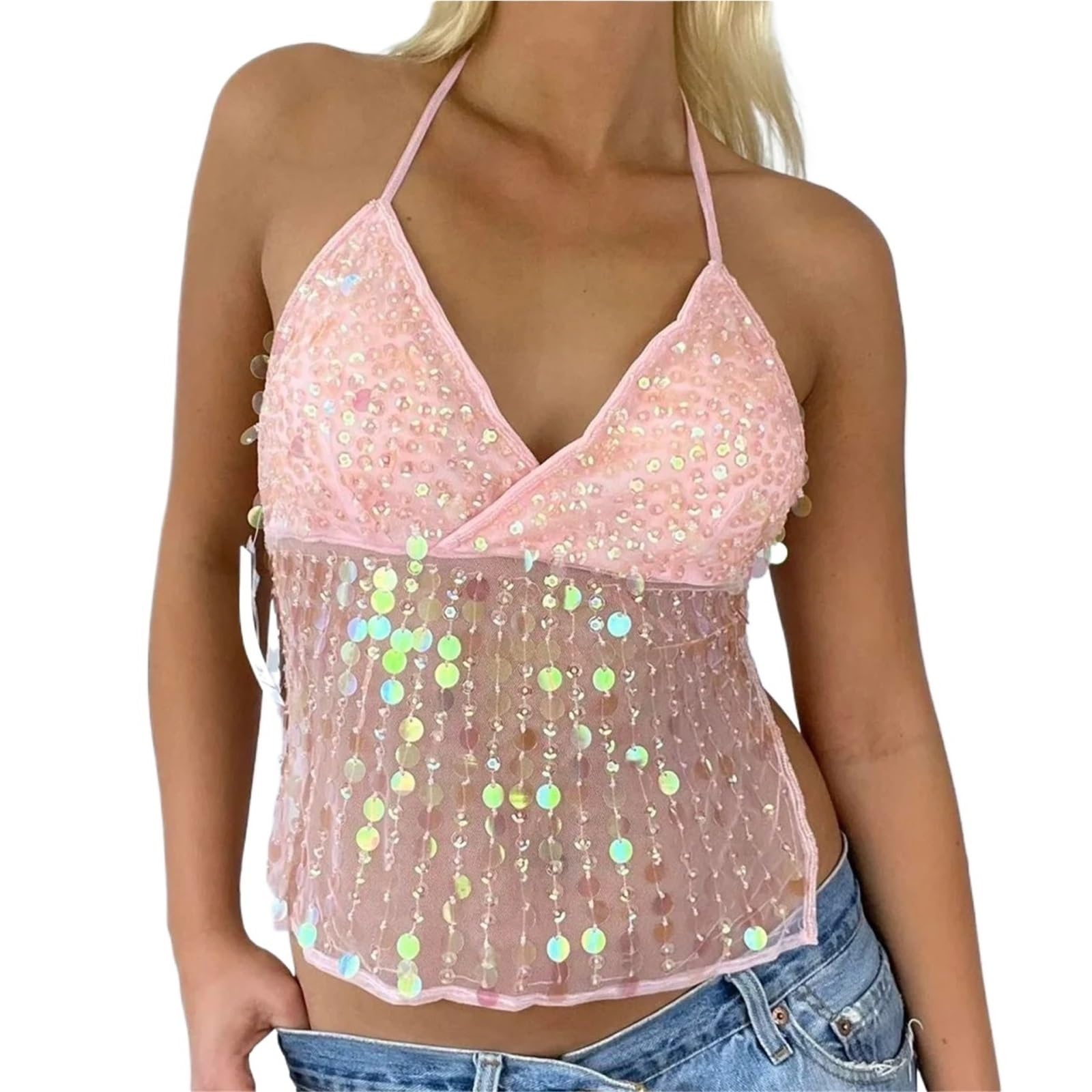 Top con Paillettes Top Corto Estivo da Donna in Tinta Unita con Scollo all'Americana, Senza Maniche, Scollo a V, Schiena Scoperta, vestibilità Attillata, con Paillettes e Lacci.