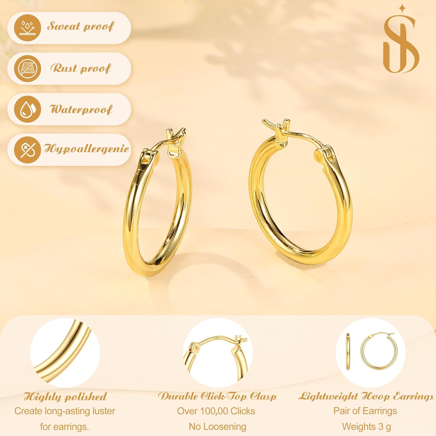 Jstyle 14K Solid Gold Hoop Earrings Post, No Tarnish 14K Gold Filled Hoop Earrings Lightweight, Hypoallergenic Earring for Sensitive Ears 12/14/16/20/25mm Comfort Fit Hoops Ideal Gift for Women - Image 4