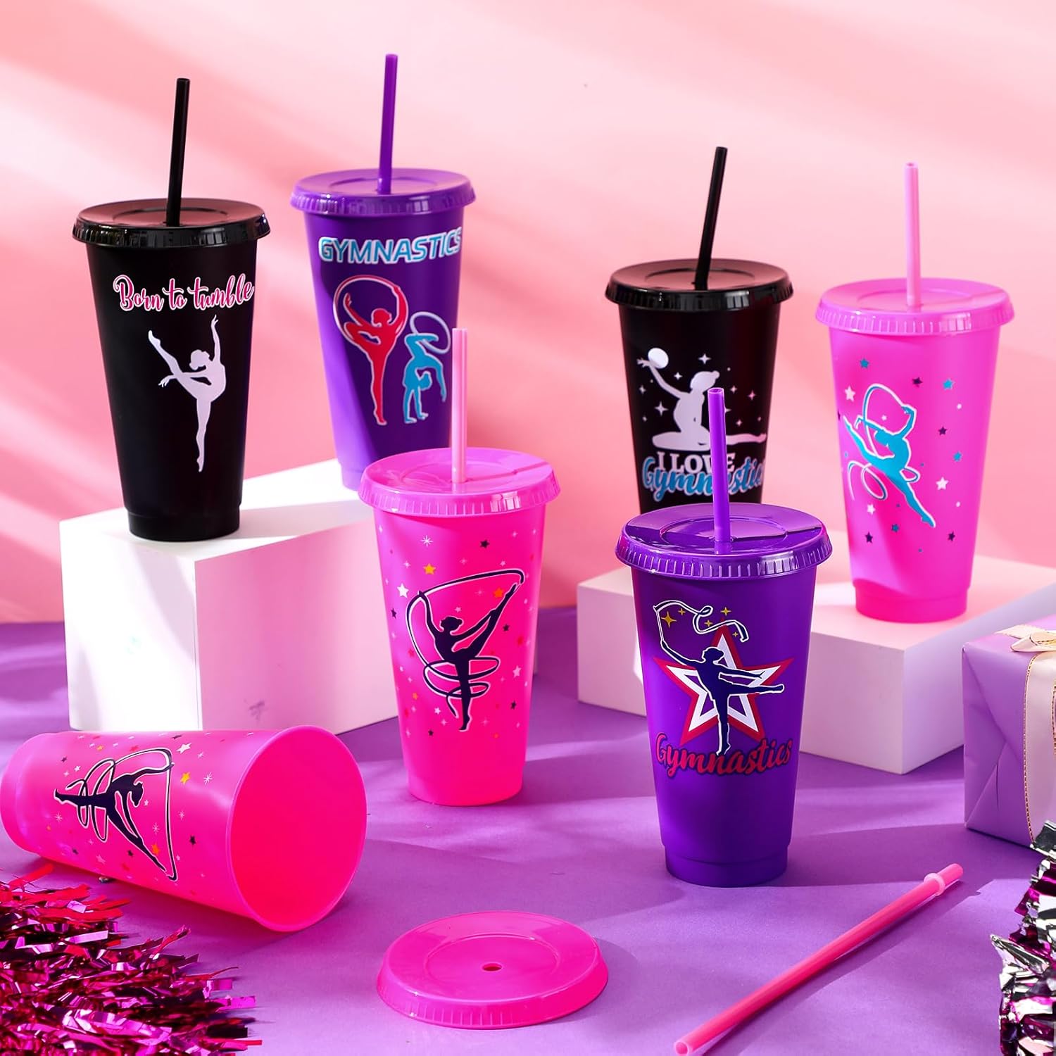 Nuogo 24 Pcs Gymnastics Party Favor Plastic Cups with Lids and Straws,24 oz Gymnastics Tumbler Cup Gymnastics Gifts for Adult Women Girl(Fresh Colors)
