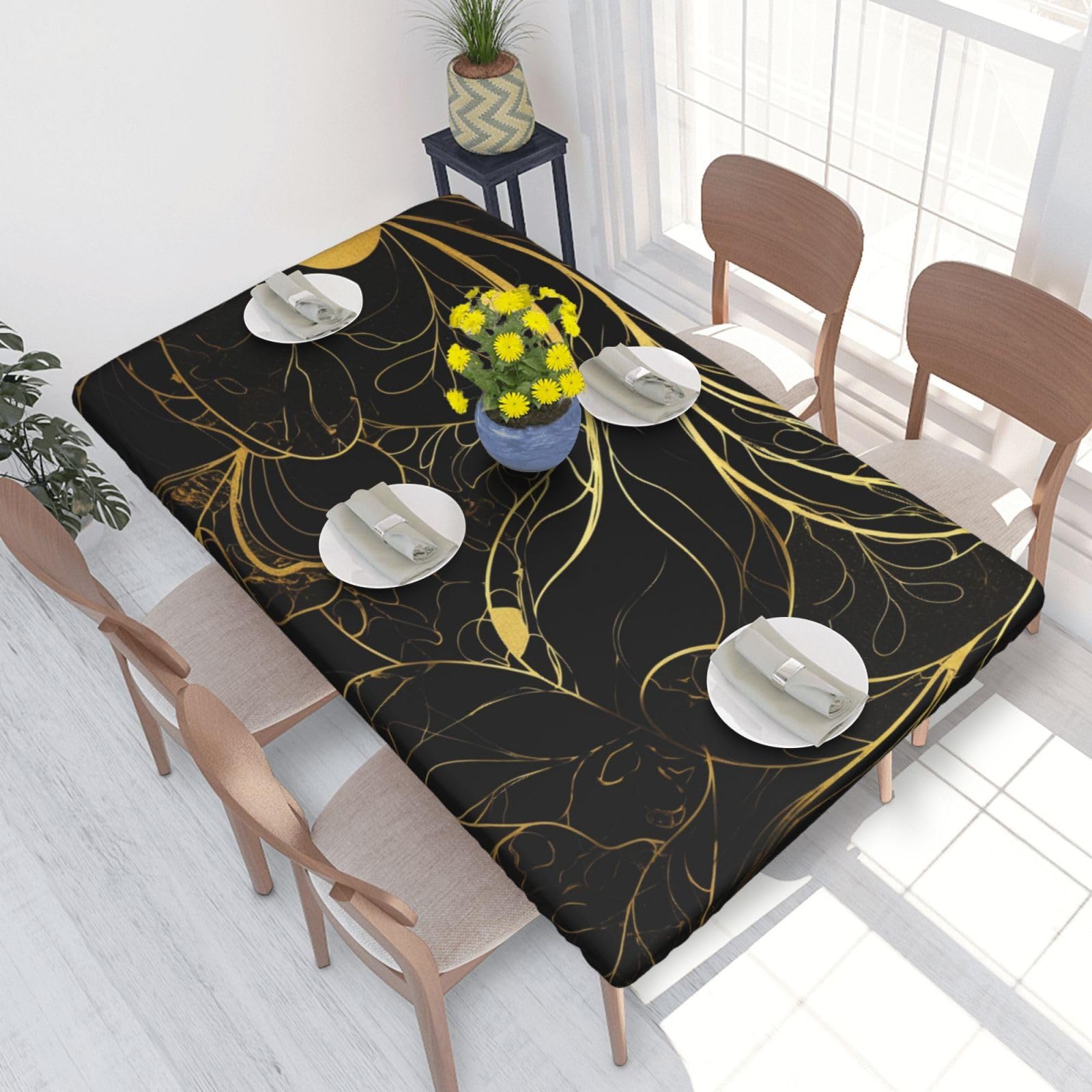 Dcarsetcv Black And Gold Background Printed 4Ft Waterproof Tablecloth With Elastic Edged Protect & Decor Your Table, Oil-Proof Washable Table Cloth Cover For Dinner Picnic Party