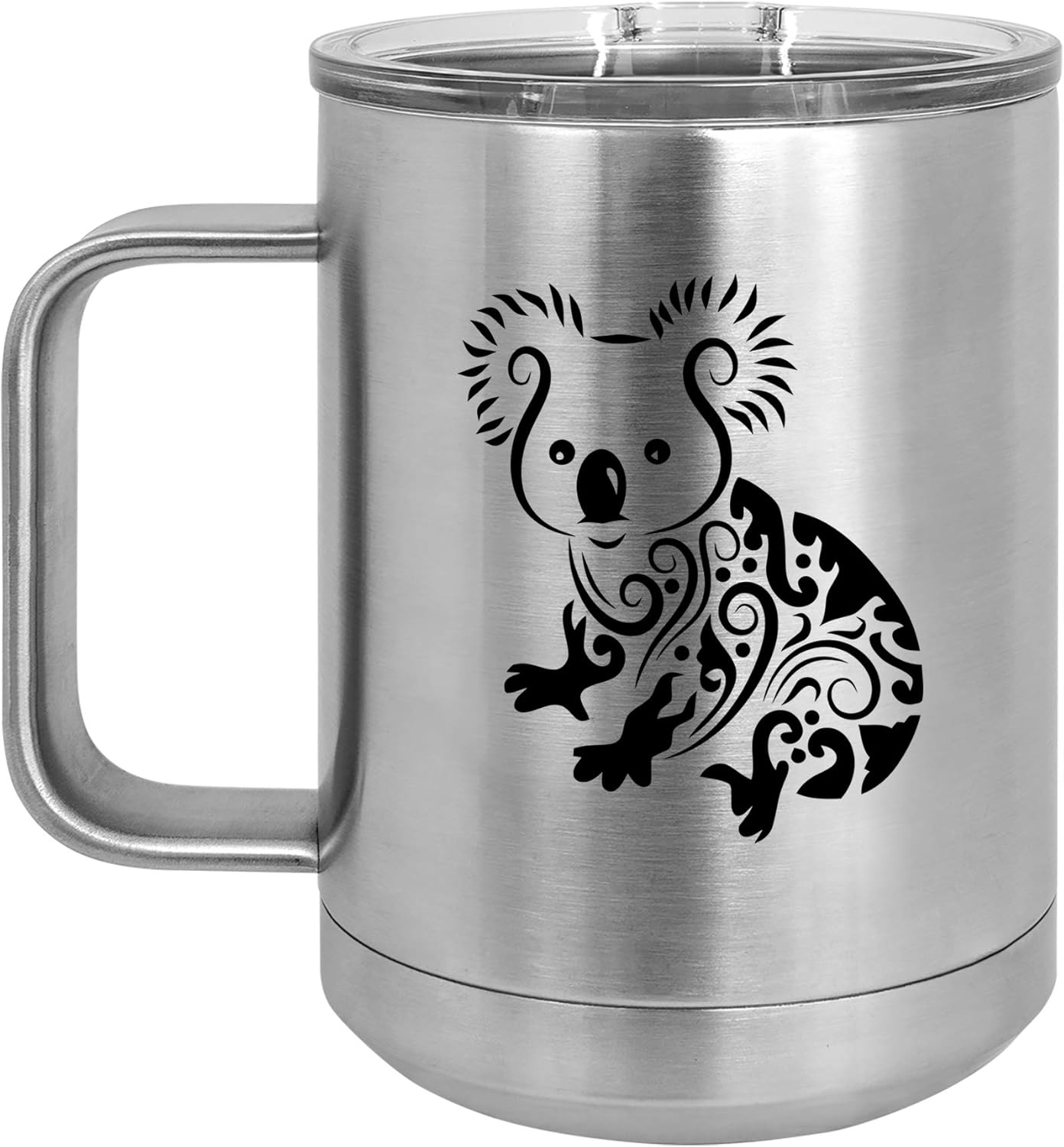 15 oz Tumbler Coffee Mug Travel Cup With Handle & Lid Vacuum Insulated Stainless Steel Fancy Koala Bear (Silver)