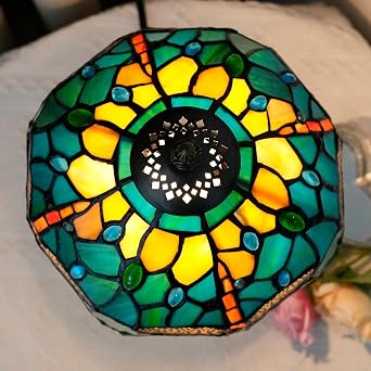 Tiffany Style Stained Glass Table Lamp Dragonfly Green Yellow Bedroom Bedside Reading Desk Light for Office Dormitory Bar Restaurant Decorate Retro Unique Cute Small Night Light Gift 8 inch [Energy Class F]