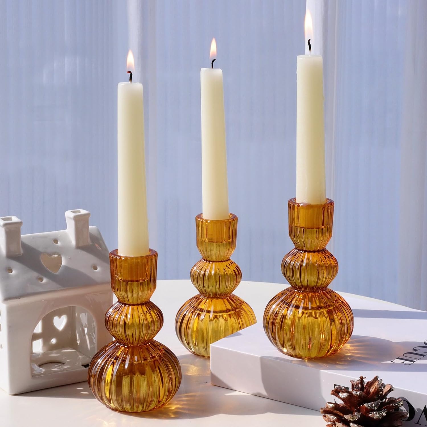 Woho Amber Candlestick Holders Set of 6 4.3" H for Thanksgiving/Fall Decorations, Ribbed Glass Taper Candle Holders Halloween Table Centerpiece, Vintage Candle Sticks Holder Decor for Boho Home Decor