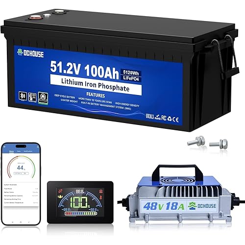 DC HOUSE 48V 100Ah Lithium Golf Cart Battery w/Switch, Lifepo4 Battery with 48V 18A Lithium Batteries Charger, Smart 200A BMS, LCD Monitor & Mobile APP, Peak Current 700A (ABS Case)