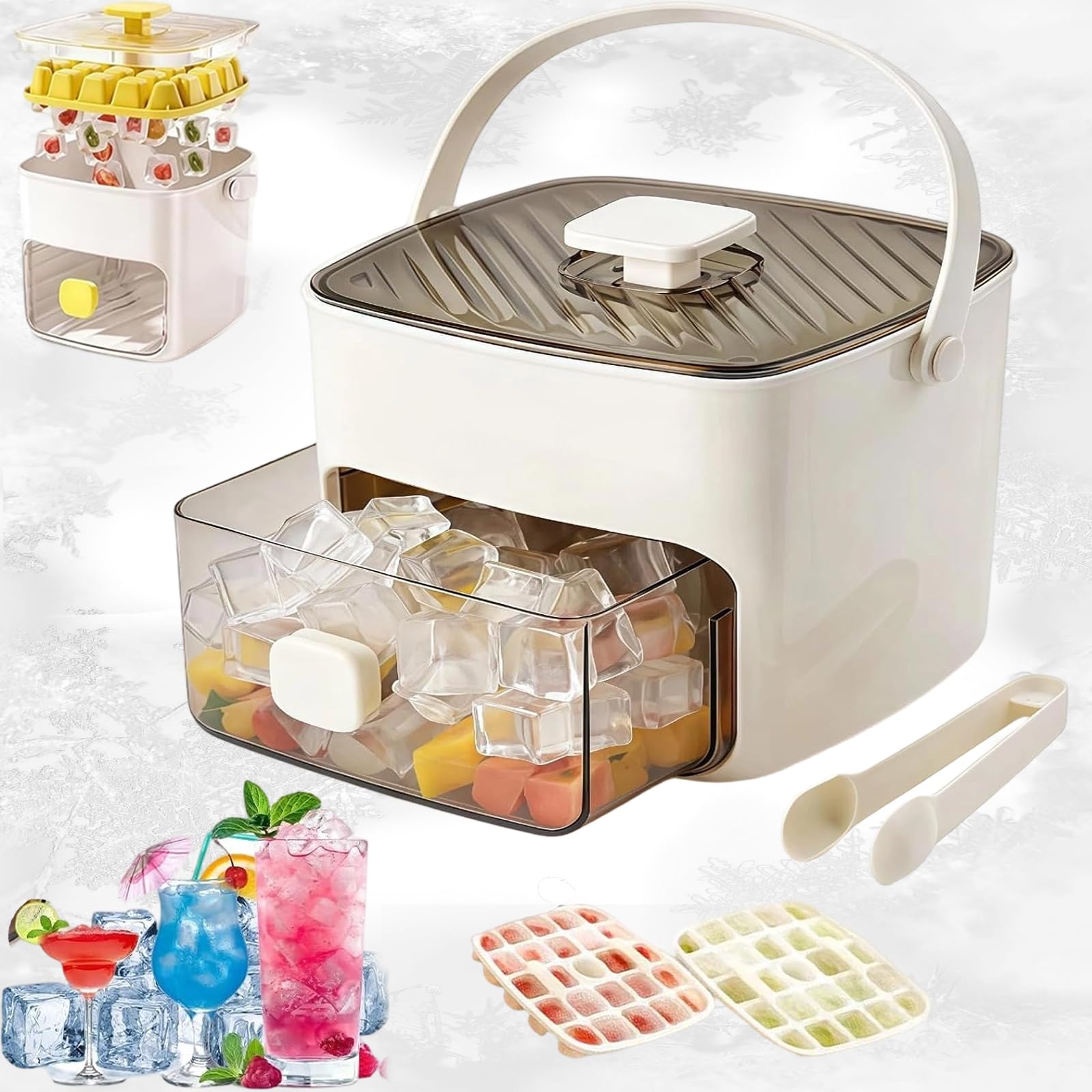 Handled Press-Type Ice Cube Tray Double-Layer, Portable Ice Maker with Storage Box, 48 ICES Cube Tray Storage Box with Handle, All Ice Cubes in One Second for Home Office Bar (While)