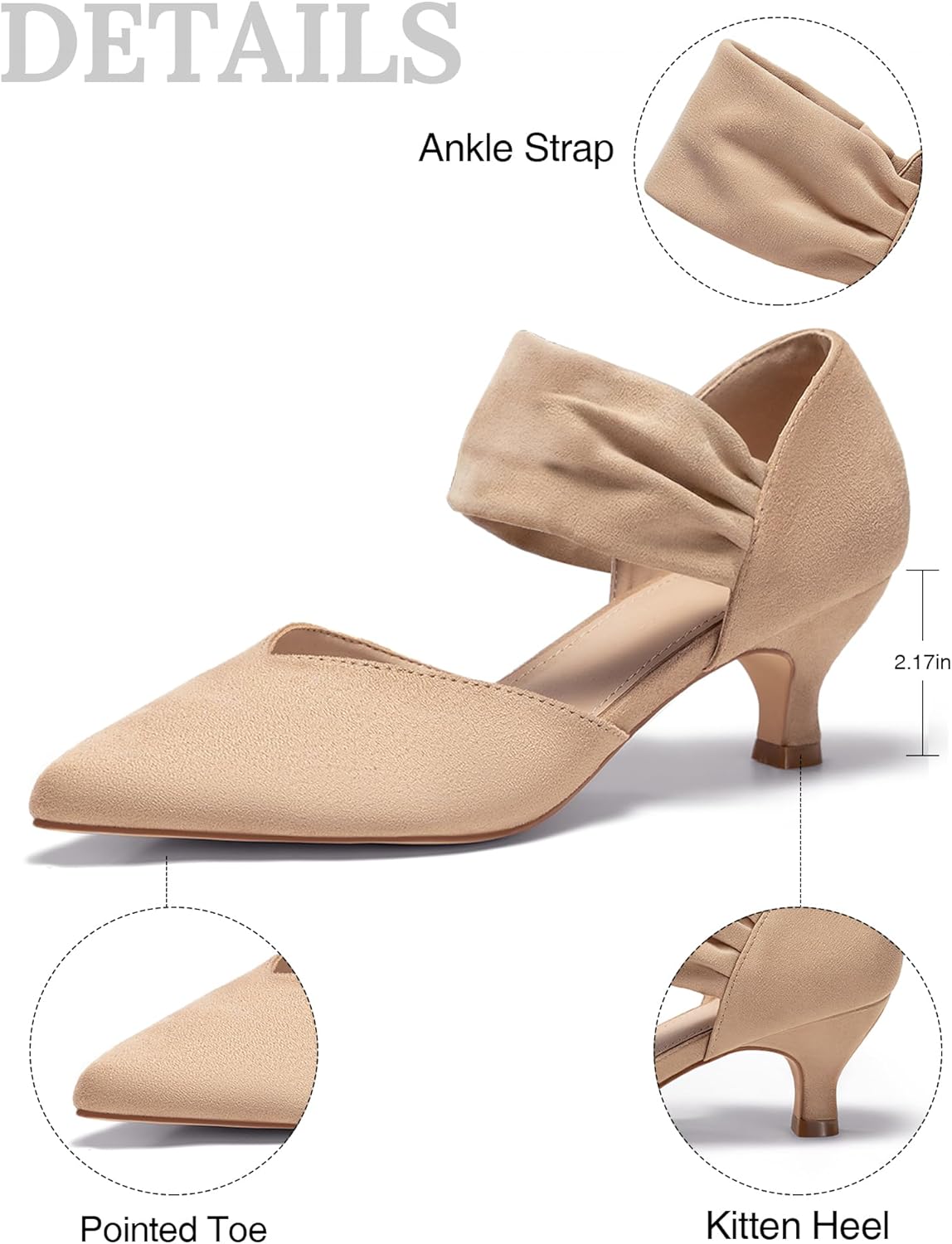 GotSoft Womens Low Kitten Heels Pointed Toe Slip on Pumps Ankle Strap Elegant Party Wedding Dress Shoes - Image 6