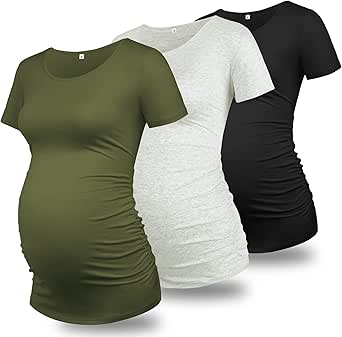 GLAMIX Maternity Shirts for Women Short Sleeve Tops Summer Clothes 3 Packs Cotton T Shirt Mama Basics Pregnancy Tees