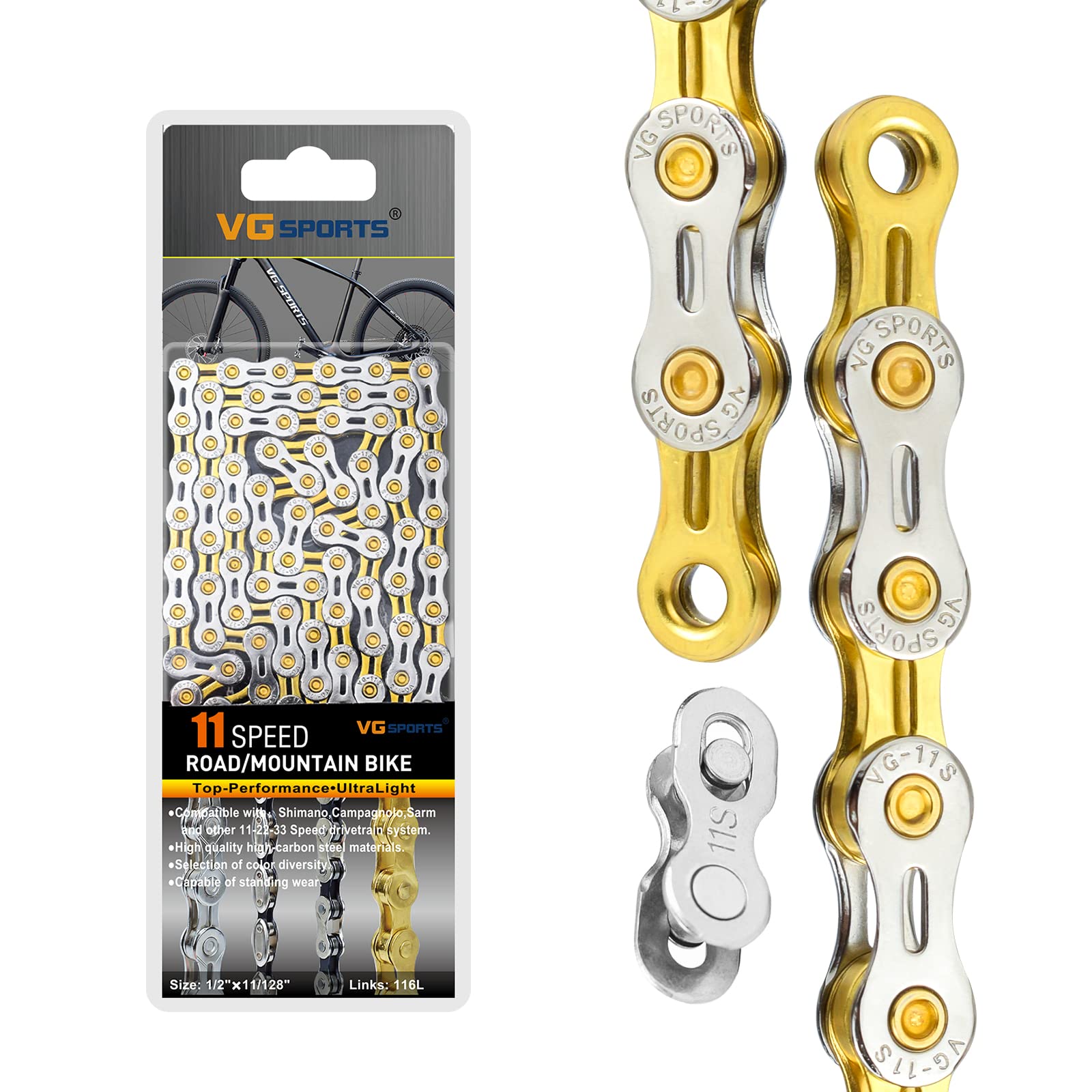 VG SPORTS Cadenas de bicicleta de 6/7/8/9/10/11/12 velocidades, medio huecas/completas, ligeras, para bicicleta de carretera, MTB/BMX, plata, oro, titanio, arco iris