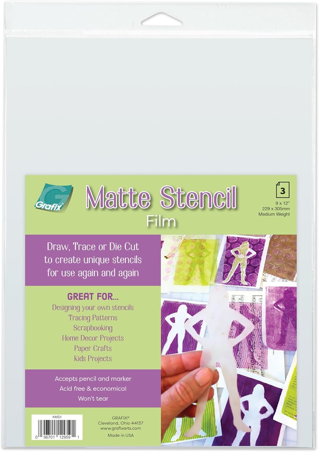 Grafix Matte Stencil Film – 9 x 12”, Pack of 4 – Translucent, .005” Stencil Film, Perfect for Creating Custom Reusable Stencils, Masks, Patterns.