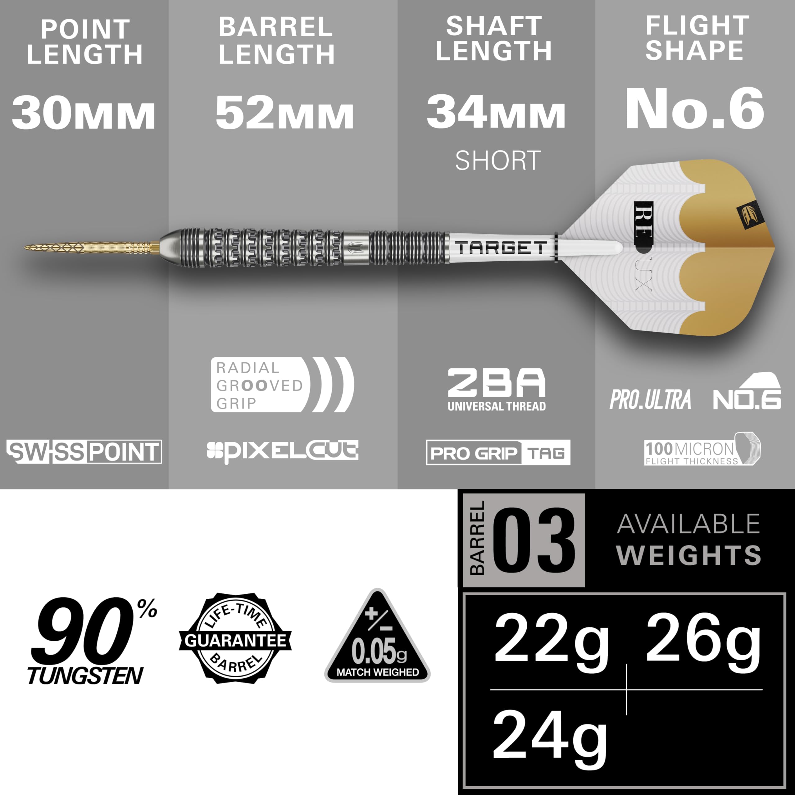 Target Darts Redux 90% Freccette Tungsteno Punta Acciaio 22-26G Alette PRO Ultra Aste PRO Grip Tag Punte DX Dorate Strumento SP