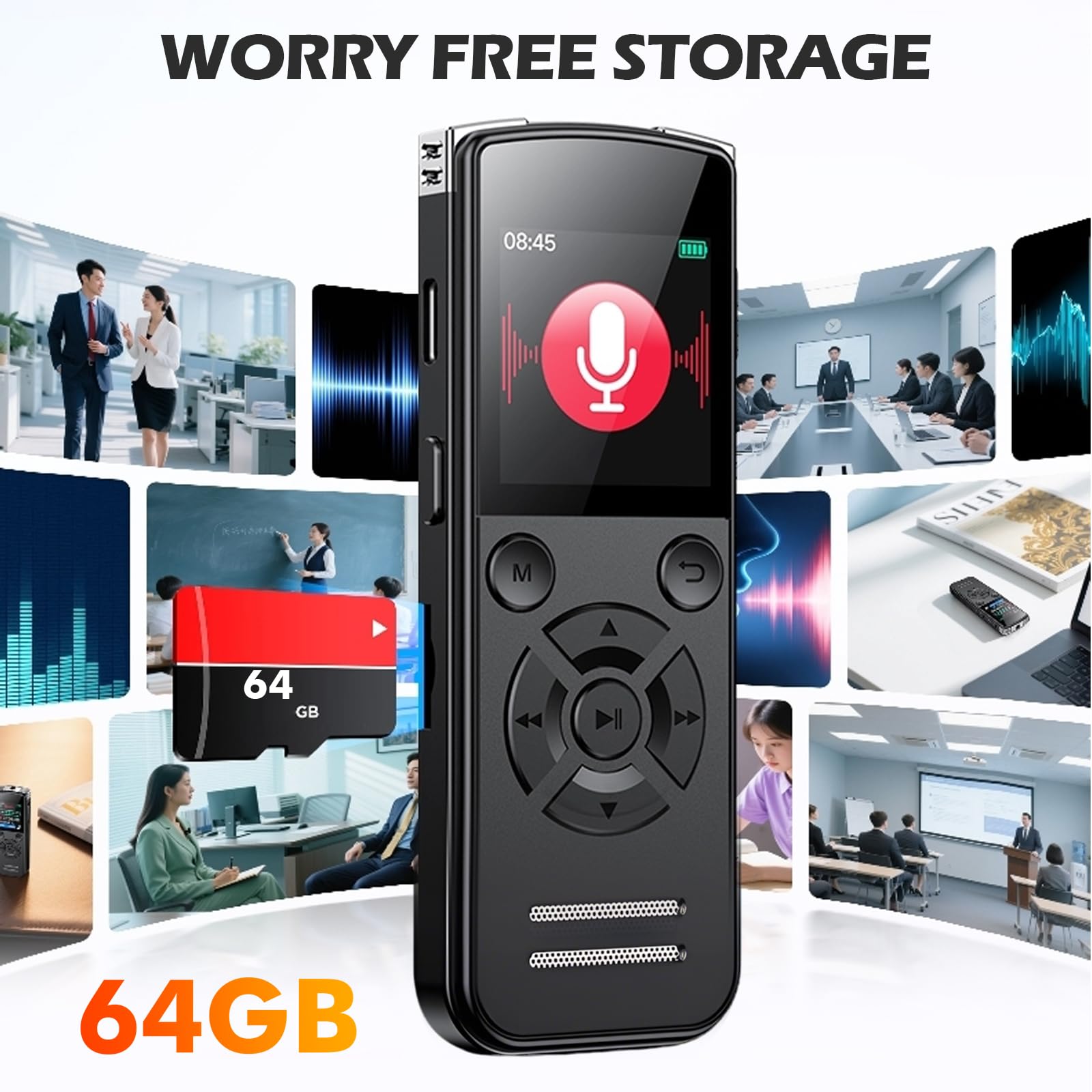 64GB Diktiergerät, EIN-Knopf Aufnahmegerät, Mini Voice Recorder 1536 Kbps für Meetings, Vorlesungen und Interviews, USB-C wiederaufladbar
