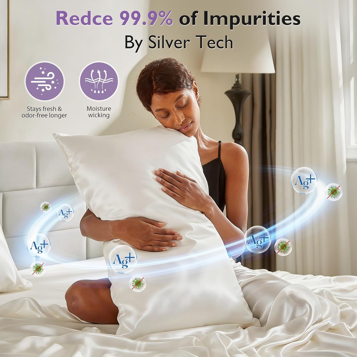 Silver Infused Bed Sheets, 10% Silver 20% Silk Cooling Sheets, Natural & Anti-Odor, Hypoallergenic Bedding for Hot Sleepers & Sensitive Skin - King Set - Image 3