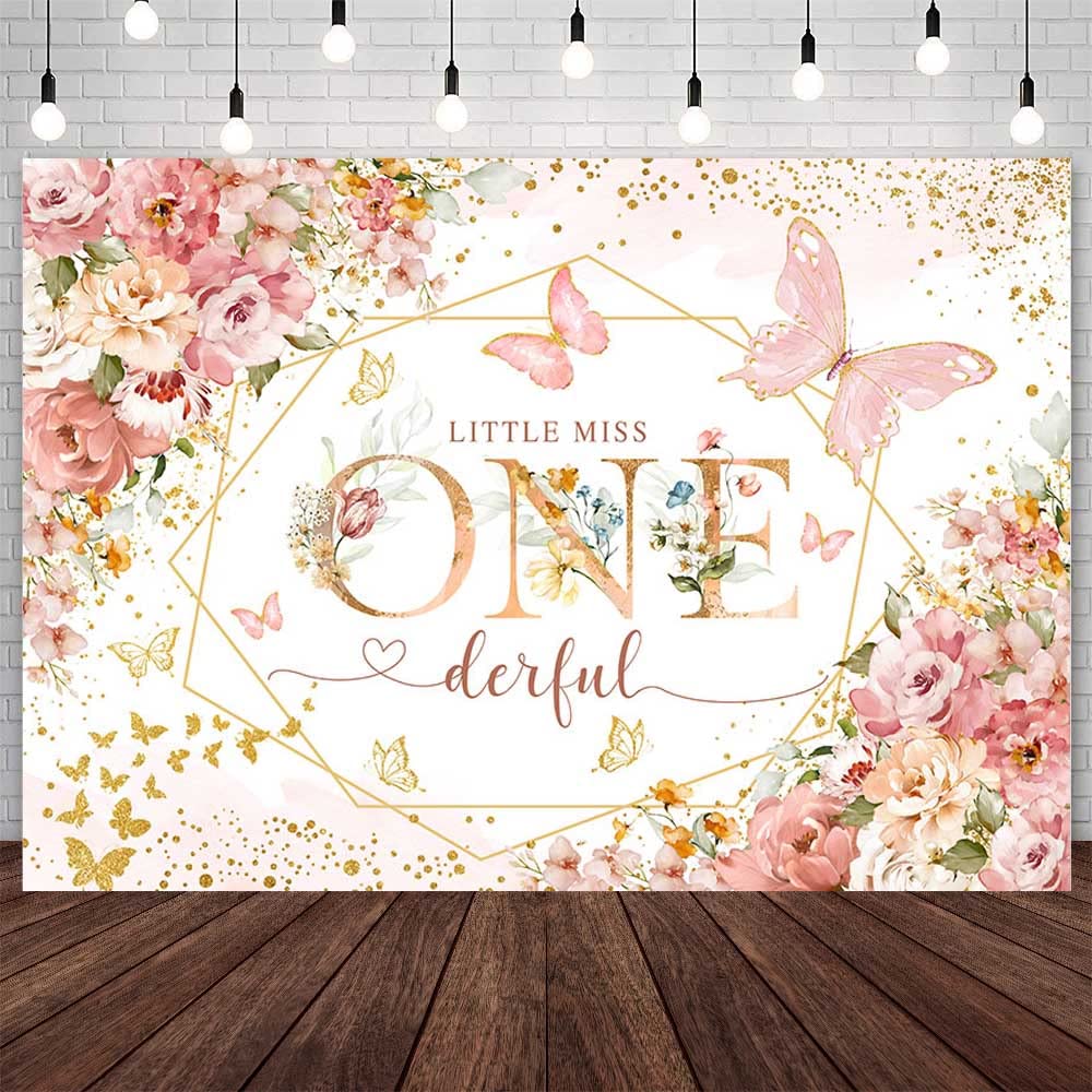 AIBIIN 7x5ft Miss Onederful Birthday Backdrop Pink Butterfly Floral 1st Birthday Photography Background Princess Girl First Birthday Party Decorations