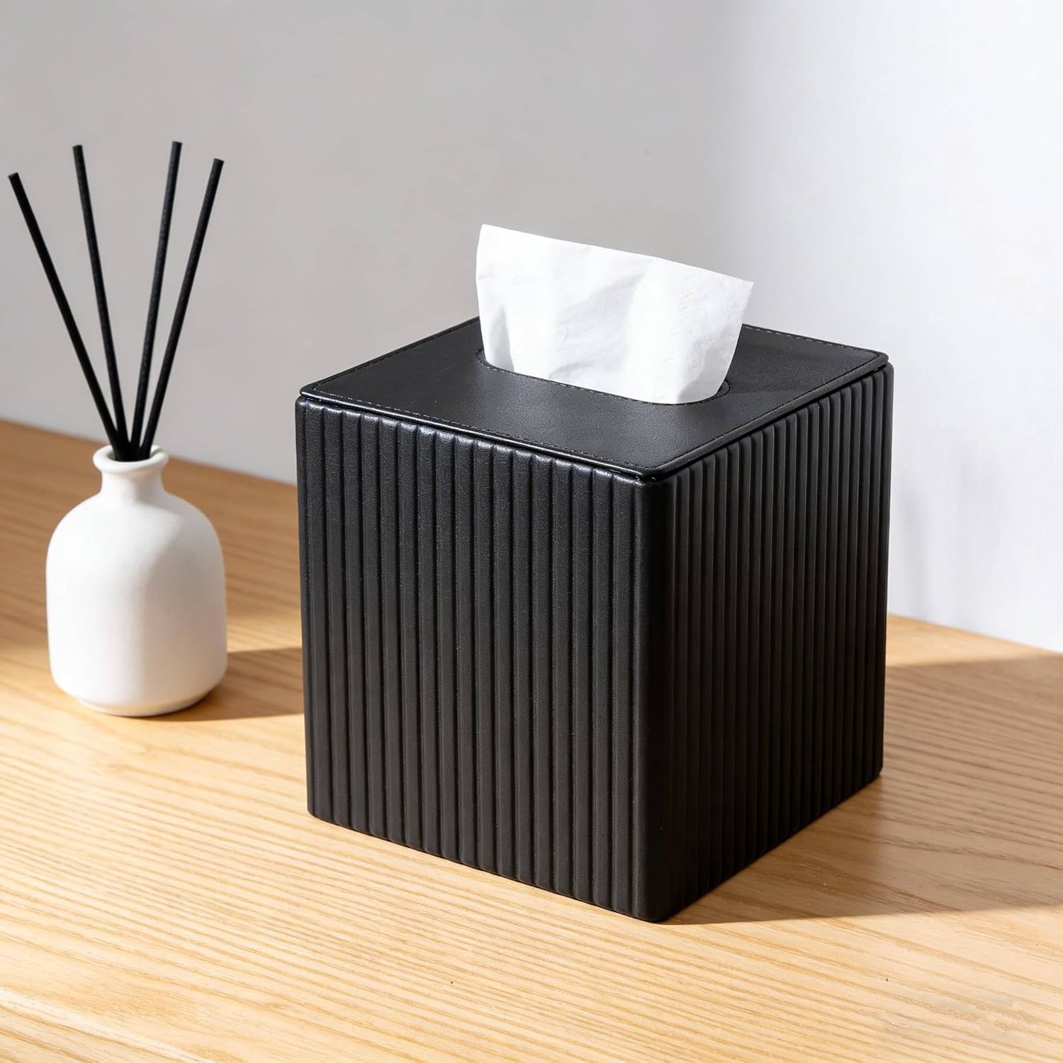 Square PU Leather Tissue Box Cover Holder with Magnetic Bottom Modern Cube Fits for Vanity, Bathroom, Bedroom, Living Room, Office,Nightstand(Black Stripe) image 3