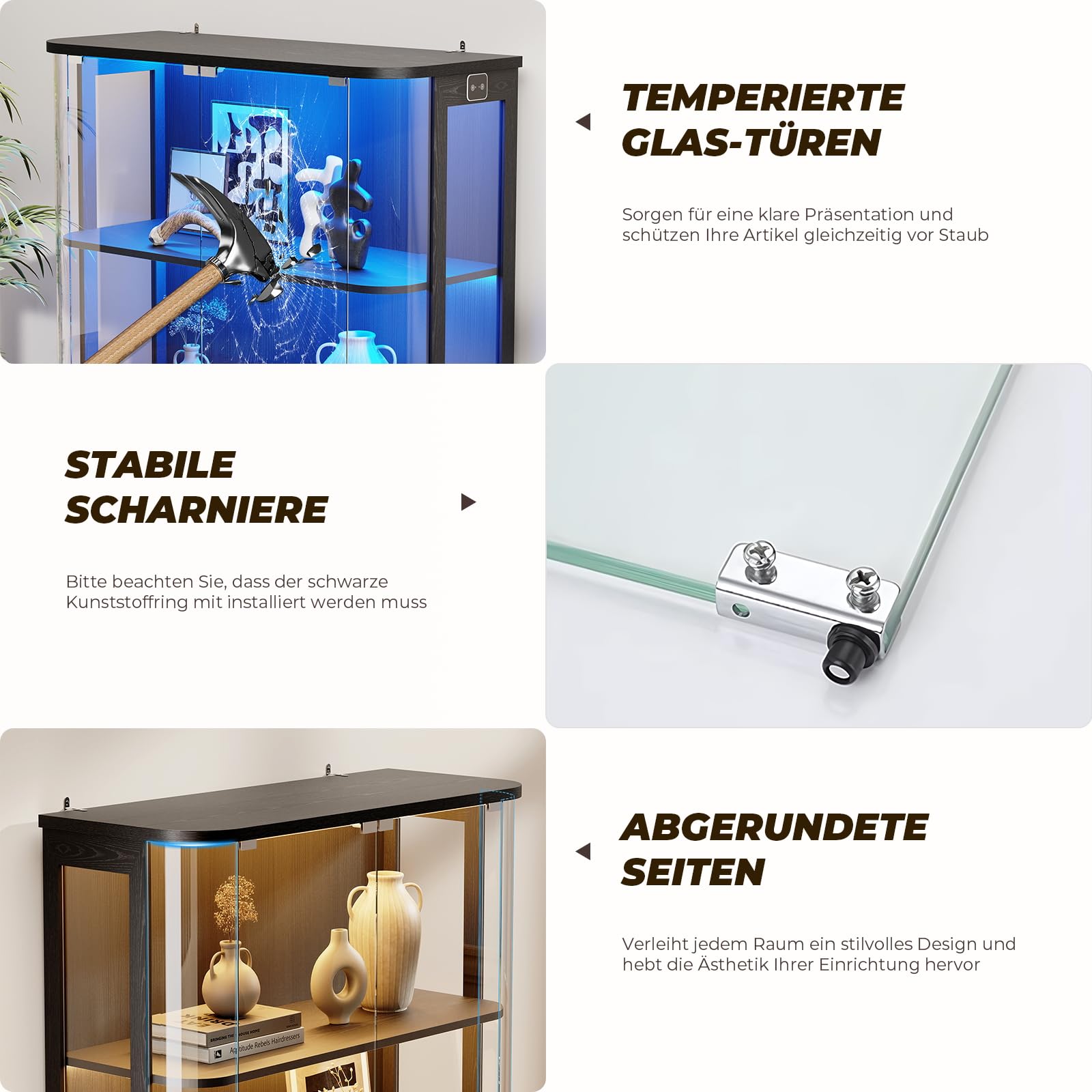 BROTTAR 3-stöckige runde Vitrine mit Glastür, 3-farbige Beleuchtung, Bewegungssensor, durchgehend transparenter Schrank für Sammlerstücke, Spielzeug & Bücher (Schwarz)