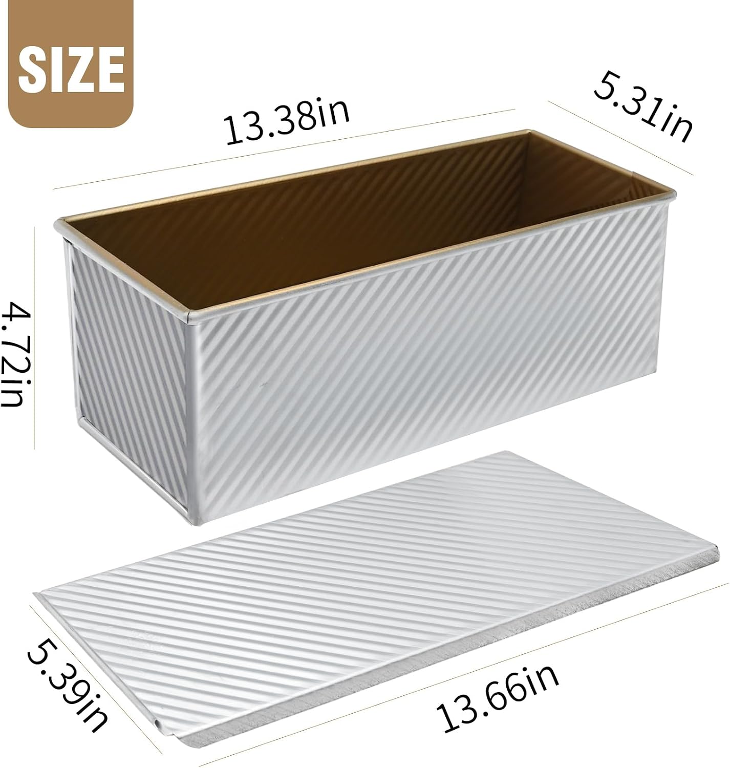 Saihisday 2.2lb Gold Loaf Pan with Lid Non-Stick Bakeware Golden Corrugated Bread Toast Box Mold with Cover Carbon Steel Corrugated Bread Toast Box Mold for Baking Bread(1000g)