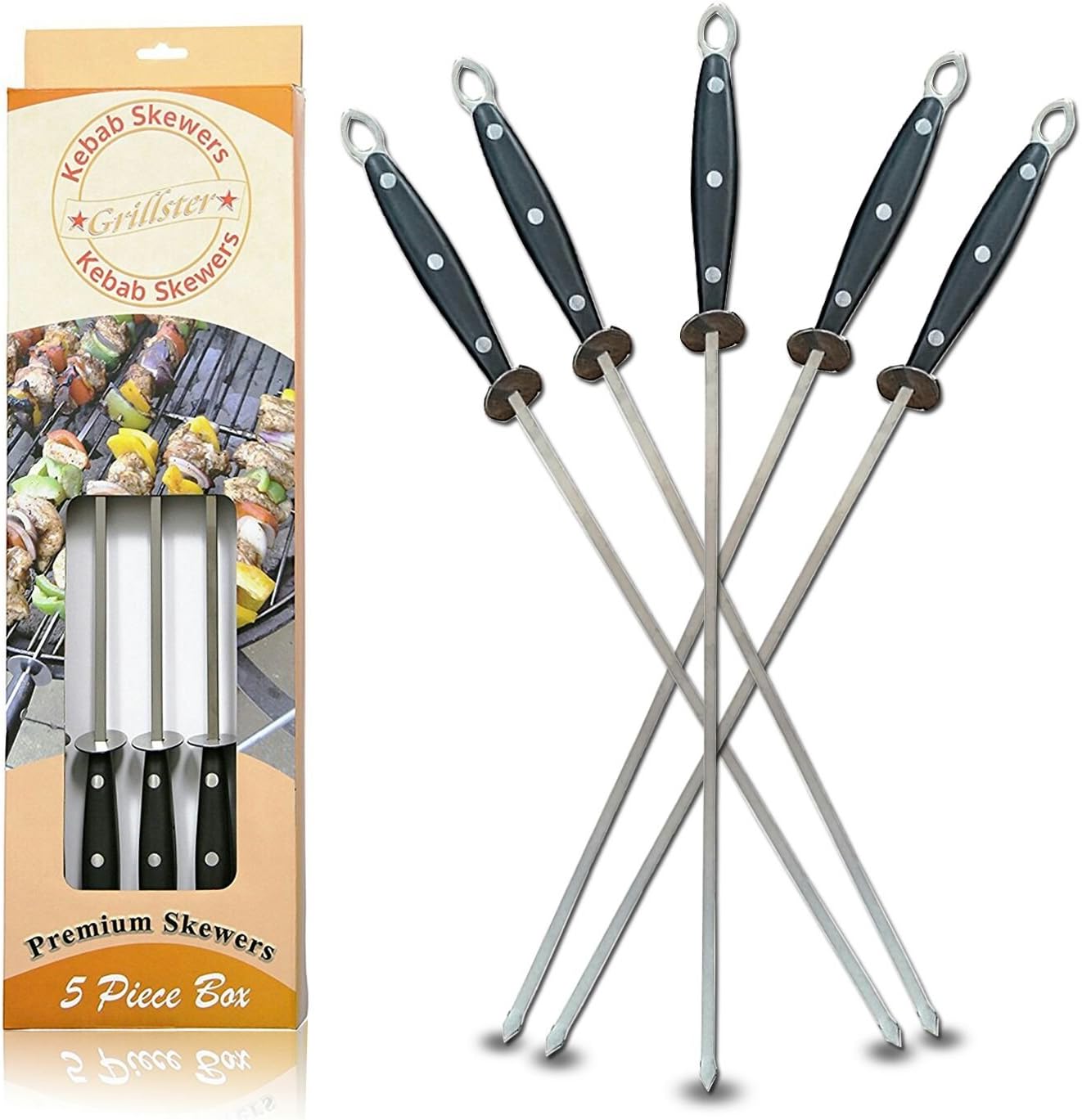 Skewers 17" - Stainless Steel, Metal, Flat, Durable, Re-Usable Unlike Bamboo, Wide, Shish Kebab, Kobab, Kabob, Red Meat, Chicken, Fish, Veg, Fruits For Barbecue, BBQ, Stick (5 Pieces) by Grillster