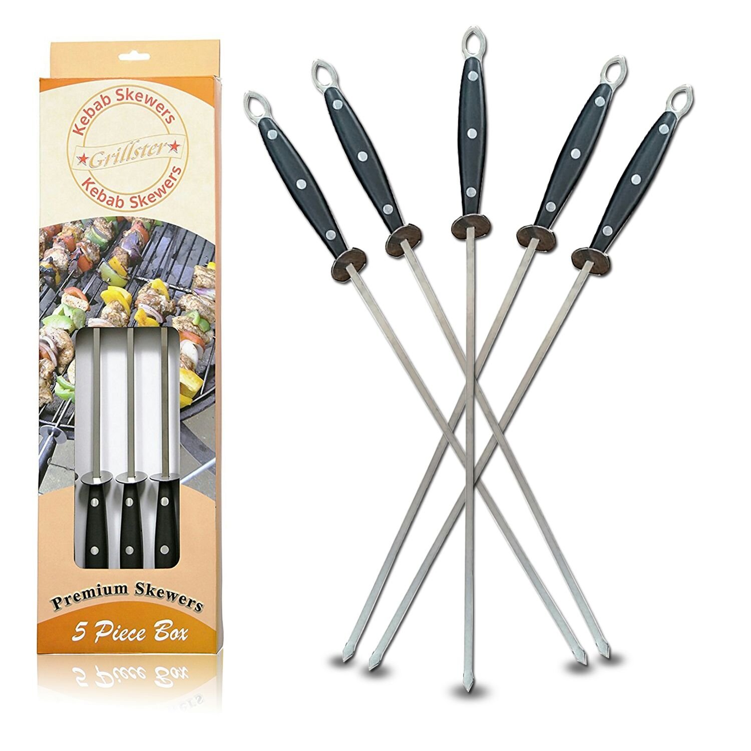 Skewers 17" - Stainless Steel, Metal, Flat, Durable, Re-Usable Unlike Bamboo, Wide, Shish Kebab, Kobab, Kabob, Red Meat, Chicken, Fish, Veg, Fruits For Barbecue, BBQ, Stick (5 Pieces) by Grillster