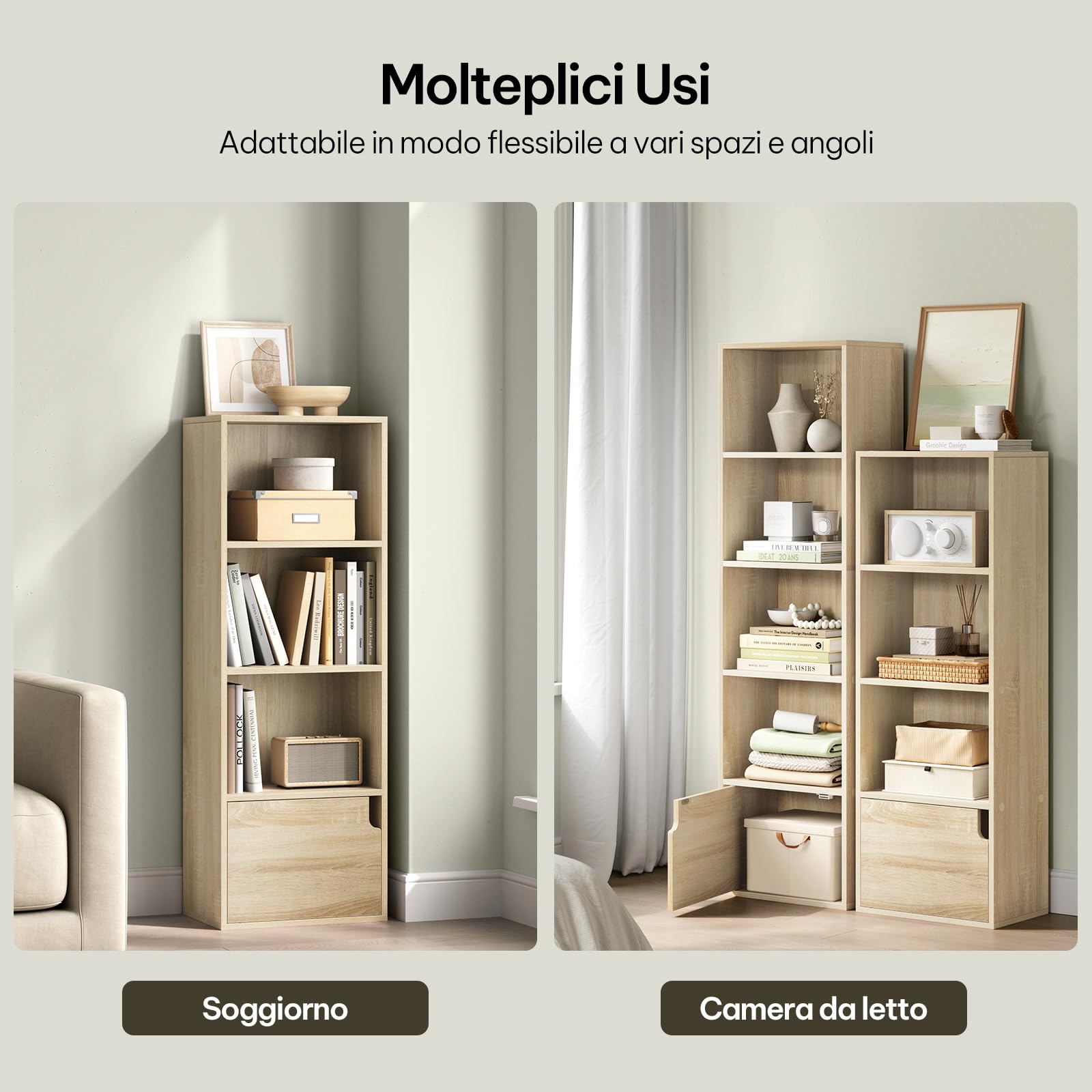 eSituro Libreria Verticale con 3 Scomparti a Giorno e 1 Armadietto, Scaffale Salvaspazio per Studio, Ufficio, in Truciolare e MDF, Legno Chiaro, 34x24x106 cm
