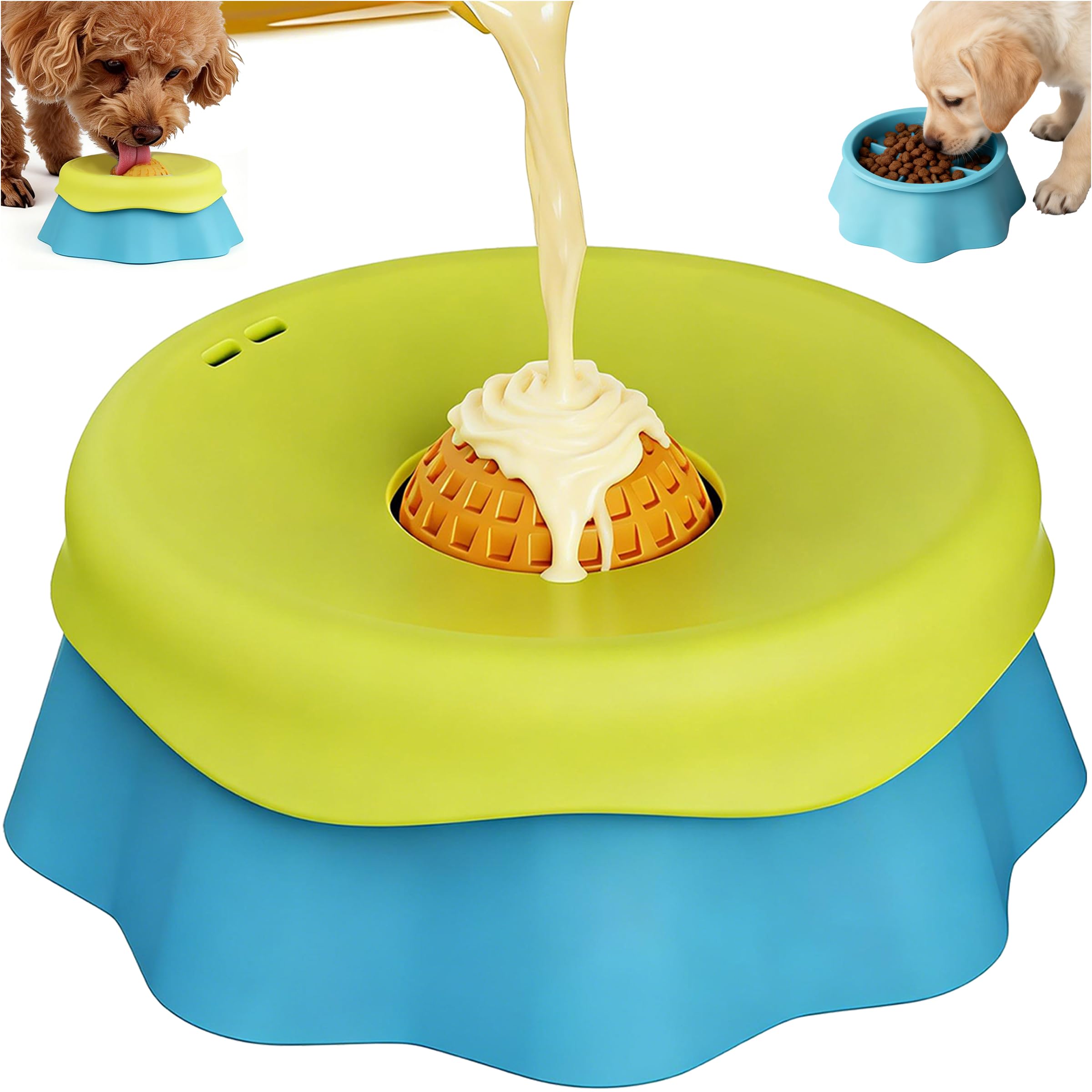 DONGTATA Dog Slow Feeder Bowl with Lick Ball 2-in-1 Non Slip Pet Feeding Bowl for Yogurt Wet Food Dry Food Puppy Interactive Anti Gulping Bowl Easy Clean Slow Eating Dish for Small Medium Dogs Cats