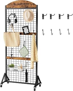Choezon Grid Wall Panel Display Rack 5.7ft x 2ft Movable Gridwall Stand with Wheels, 4 S-Hooks & Garment Hooks - Rustic Brown/Black